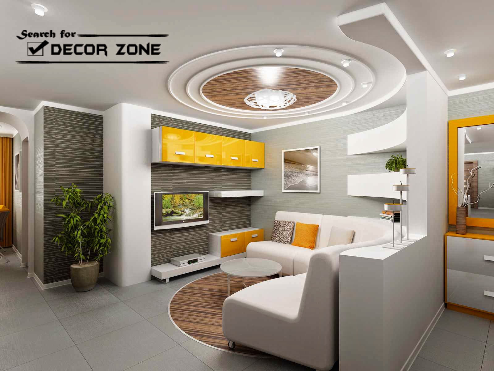 25 Modern POP false ceiling designs for living room  creative POP false ceiling designs with wooden tray