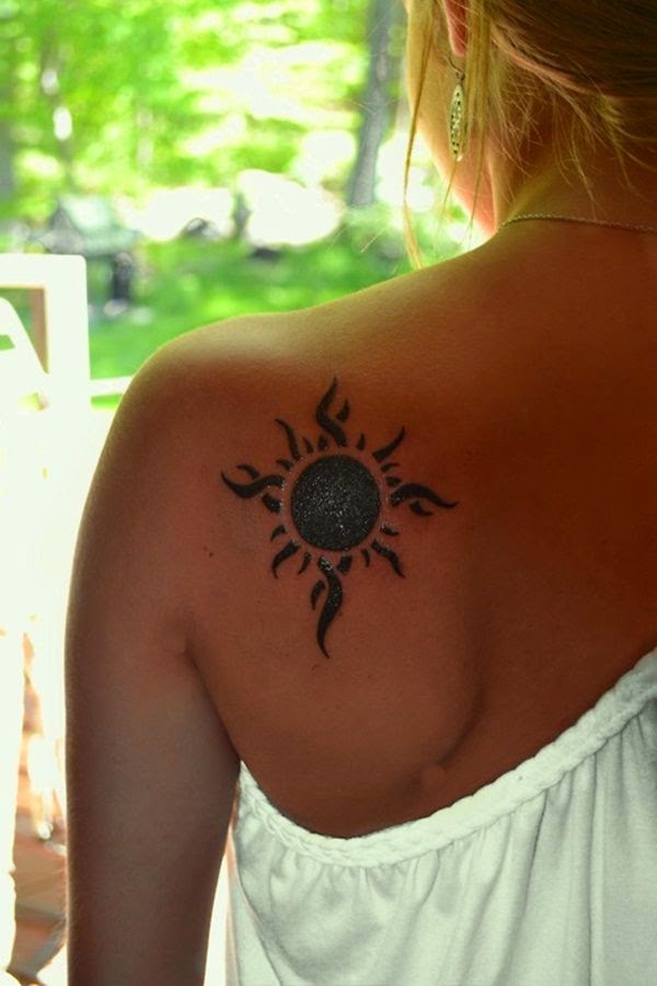 Women Back Sun Rays Tattoos, Sun Rays Tattoo On Women Back, Women Shoulder With Sun Rays Tattoo, Gorgeous Women Back Sun Rays Tattoo, Women, Parts,