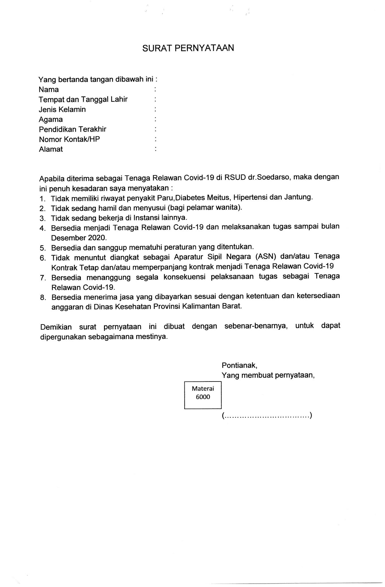 Penerimaan Tenaga Relawan RSUD dr Soedarso