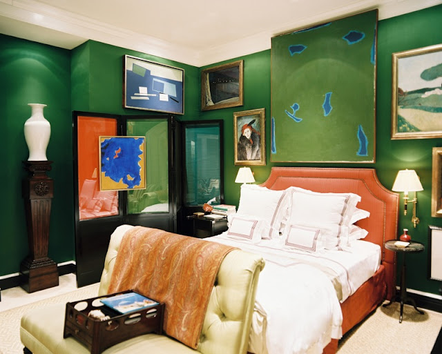 Green walls, eclectic design, bold, interiors