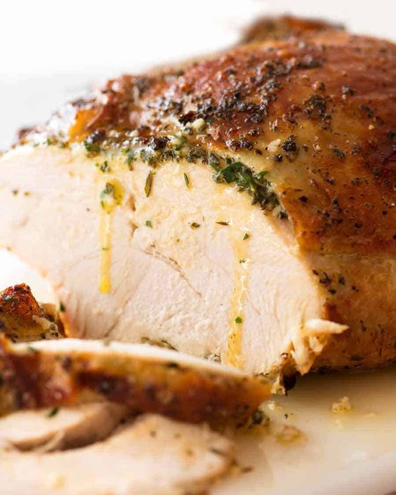 Slather your turkey breast with garlic herb butter so it bastes with flavour and keeps the breast moist as it cooks in the slow cooker. Slow cooker is the easiest, safest way too cook turkey breast without brining or marinating! See here for the roasted version of this recipe