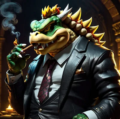 King koopa from the waist up wearing a suit with a black leather blazer and smoking a cigar looking sinister