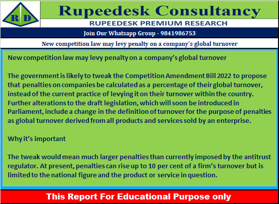 New competition law may levy penalty on a company’s global turnover - Rupeedesk Reports - 09.02.2023