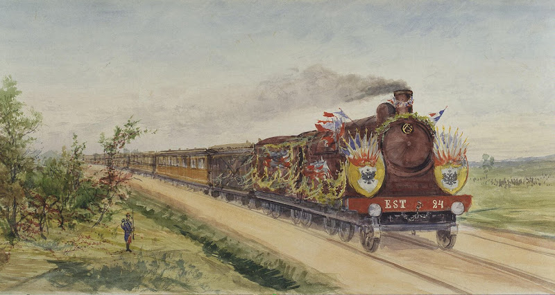 Rolled Panorama: The Visit of Emperar Nicholas II to France in September 1901. Detail: Presidental Train on the Way from Dunkirk to Compiegne by Pavel Yakovlevich Pyasetsky - History drawings from Hermitage Museum