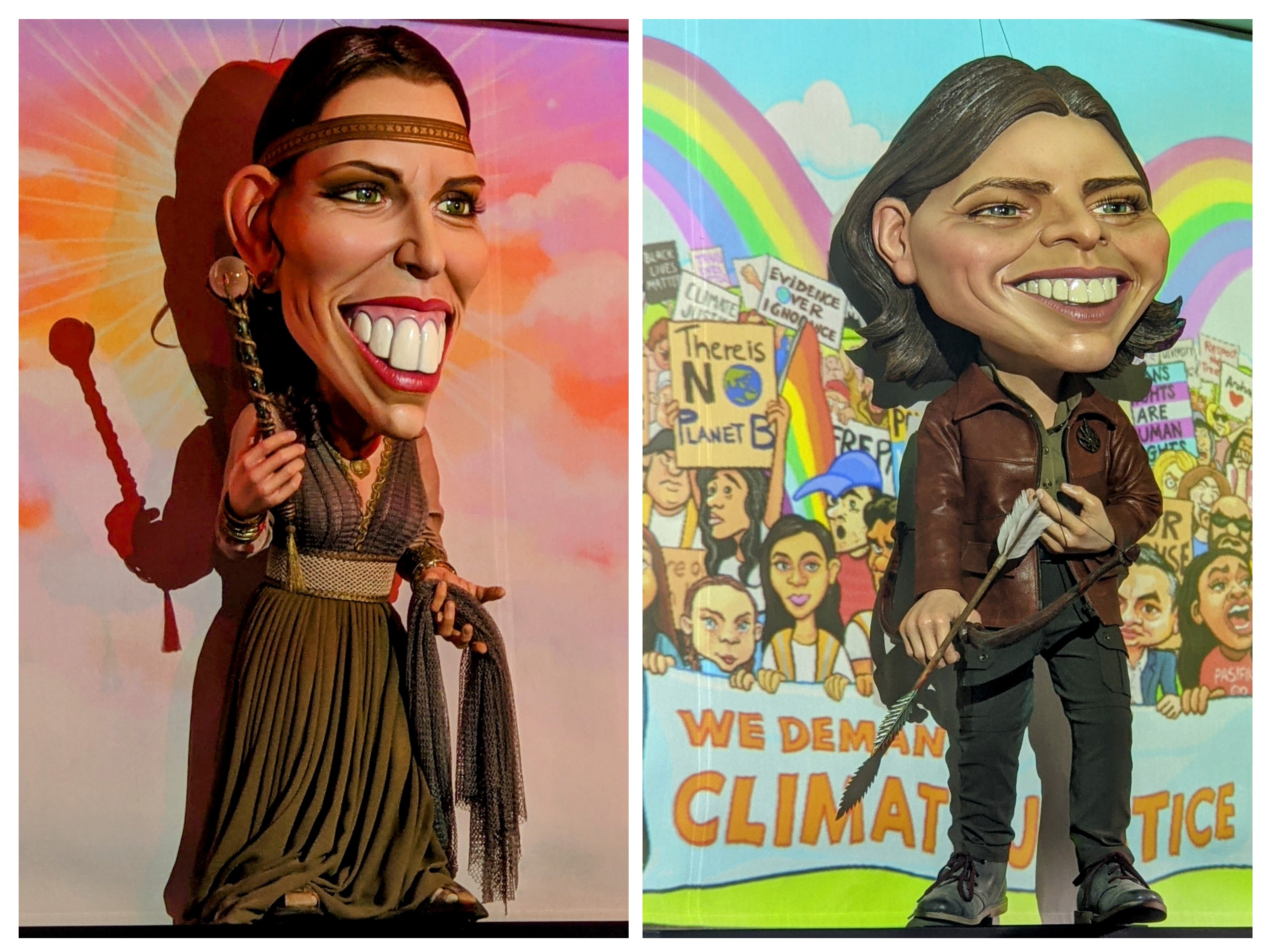 Collage of Jacinda Ardern and Chlöe Swarbrick puppets at The Backbencher Pub (Wellington, NZ)