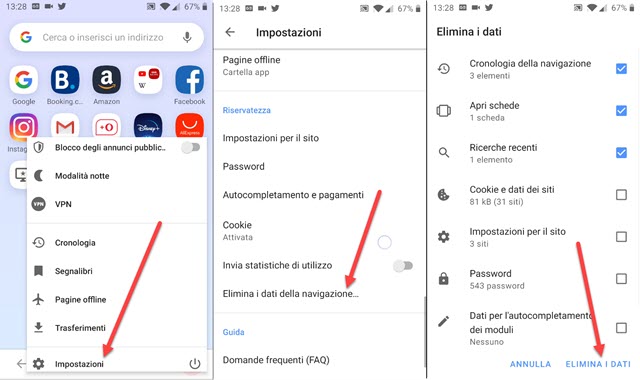 eliminare i dati di navigazione da opera browser per il mobile