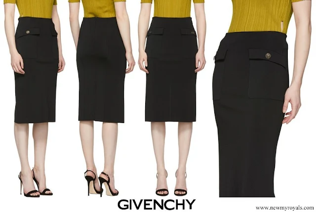 Meghan Markle wore Givenchy Black Knit Gold Button Pencil Skirt