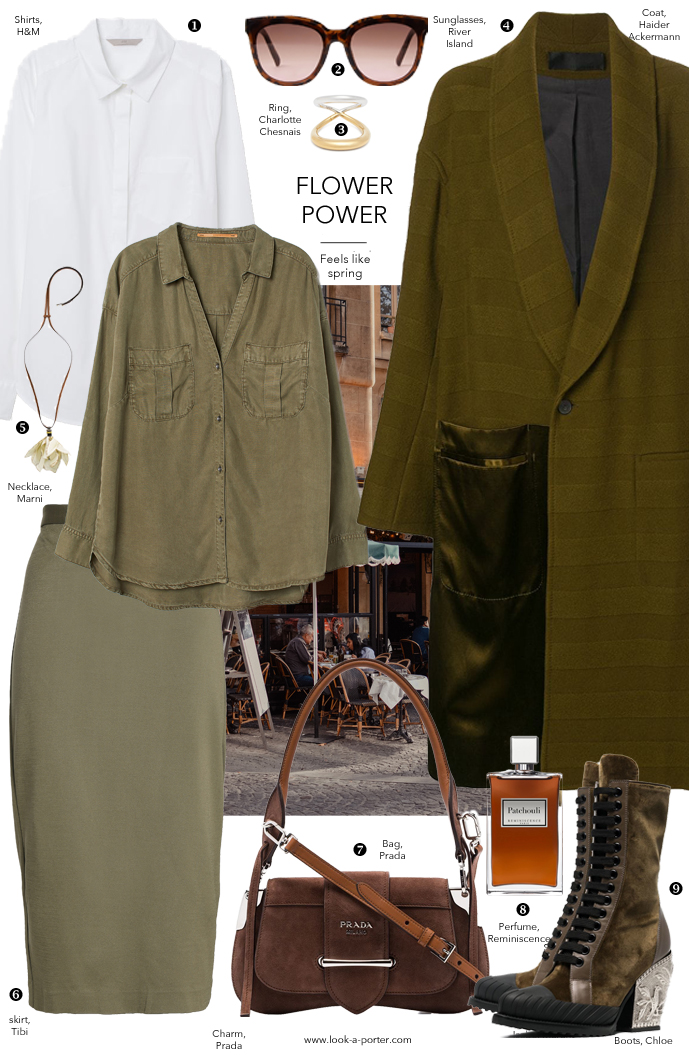 Outfit inspiration in khaki olive green colours styled with midi skirt, layered classic white shirt, haider ackerman coat, prada bag, chloe boots and marine necklace for look-a-porter.com style & fashion blog, outfit inspiration daily, designer and high street best buys, wardrobe essentials and classics