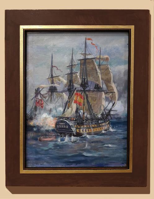 Óleo navío de la Real Armada combatiendo al Inglés