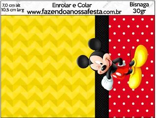 Mickey en Fondo Amarillo con Zigzags y Rojo con Lunares: Etiquetas para Candy Bar para Imprimir Gratis.