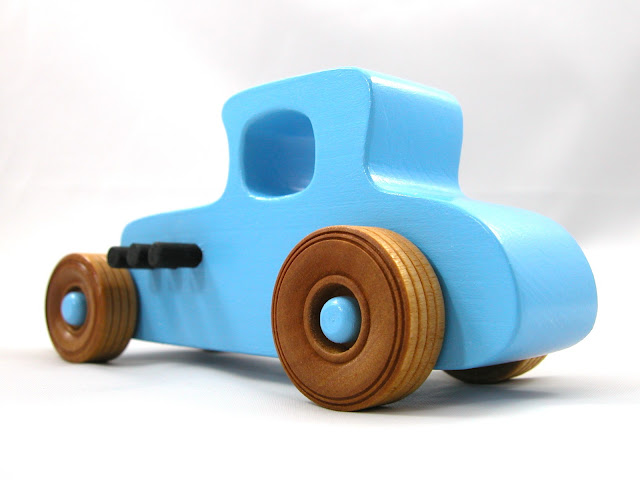 Wood Toy Car Hot Rod '27 T-Coupe, Handmade and Finished with Baby Blue and Black Acrylic Paint and Amber Shellac, Race Car, Street Rod