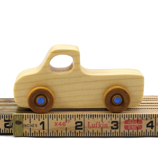 Handmade Wooden Toy Pickup Truck Play Pal Series Clear Shellac With Metallic Blue Hubs On Wood Ruler