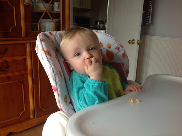 Toddler in highchair eating eggy bread.