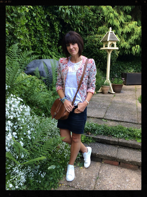 My Midlife Fashion, Quilted Jacket, Denim Skirt, Trainers, Saddle Bag, Embroidery Angliase, Zara, Mango, Clarks