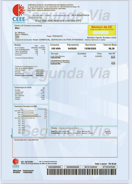 A foto mostra uma fatura da conta oficial de energia elétrica da Companhia Estadual de Energia Elétrica (CEEE) será privatizada em breve.