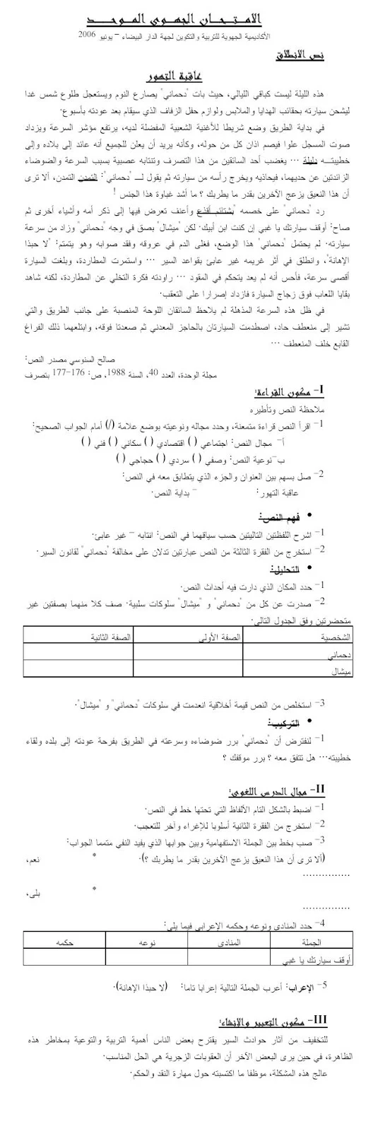 الامتحان الجهوي الموحد اللغة العربية جهة الدار البيضاء – يونيو 2006
