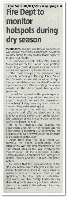 Fire Dept to monitor hotspots during dry season | Keratan akhbar The Sun 30 January 2024