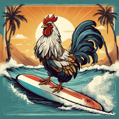 rooster surfing on surfboard sea waves