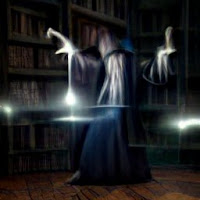 Wizard casting a spell in a library