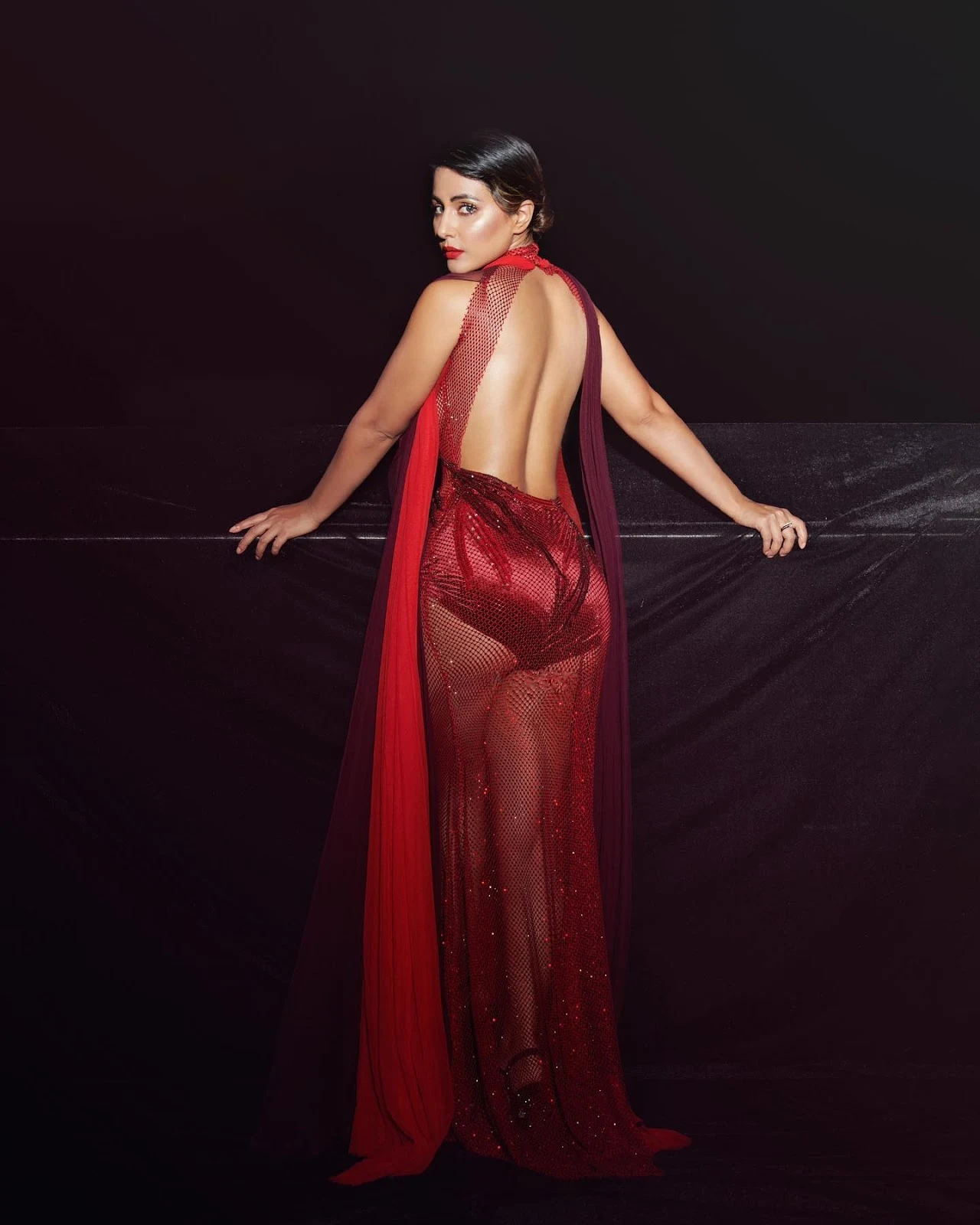 Hina Khan backless sheer red dress hello magazine awards