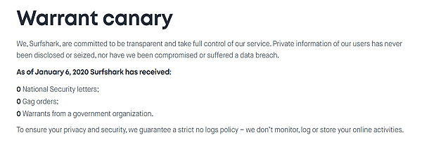 Warrant Canary Milik Surfshark VPN