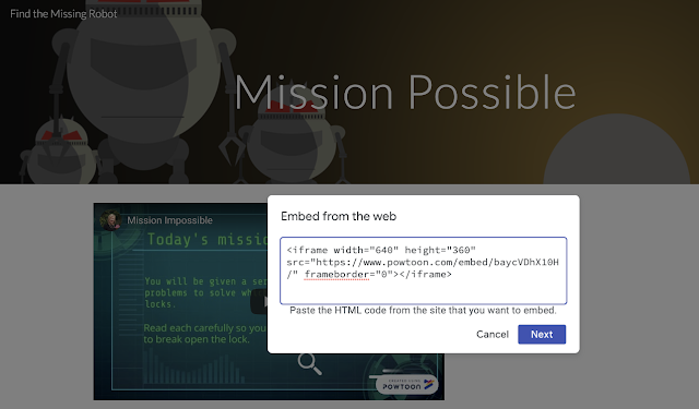 Image from Google escape room embedding the html Powtoon video