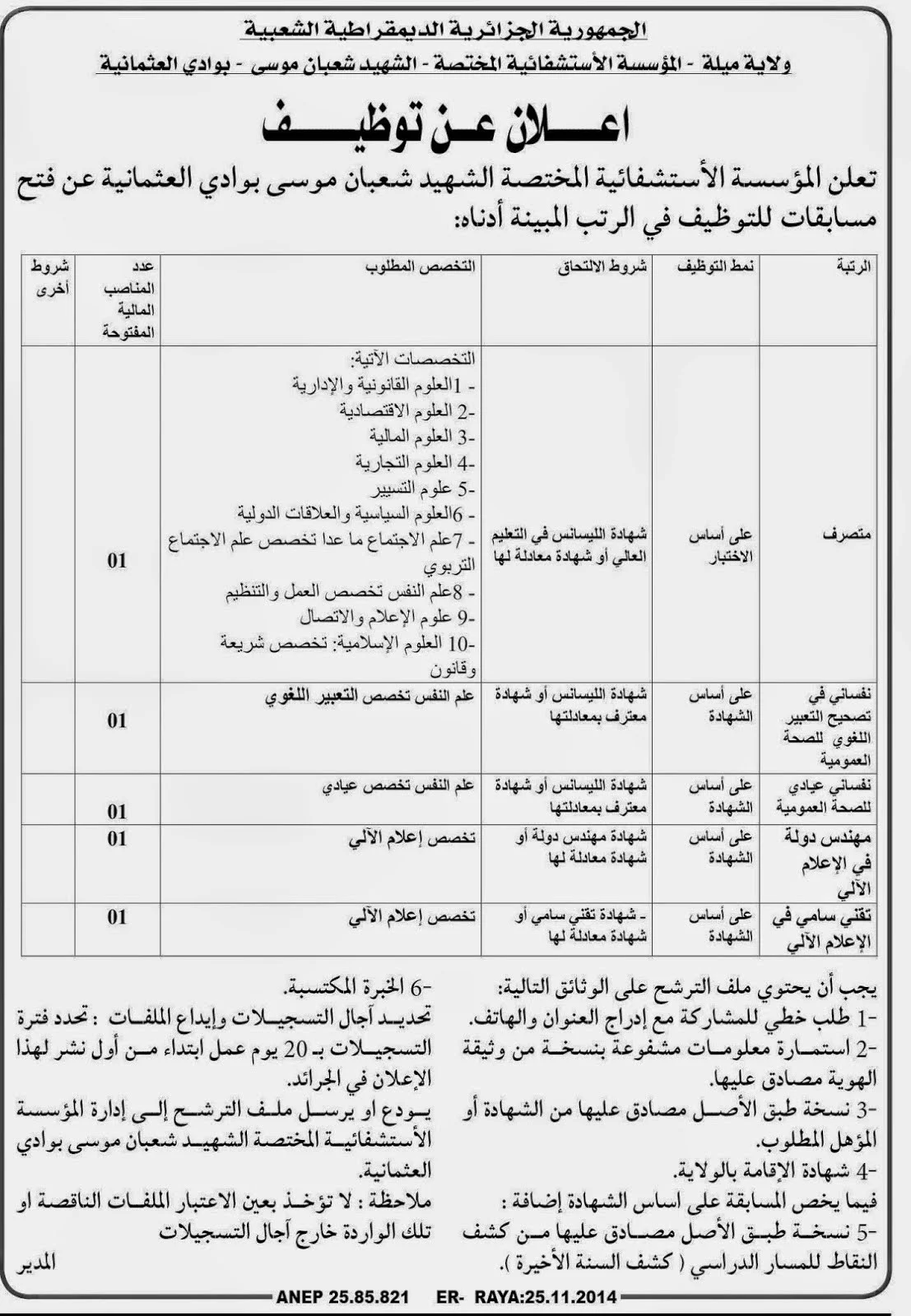 توظيف بالمؤسسة الاستشفائية المختصة الشهيد شعبان موسى وادي العثمانية