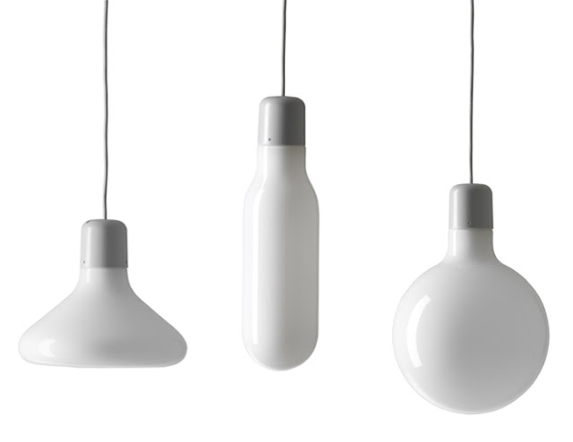 three pendant lights that are all different shapes