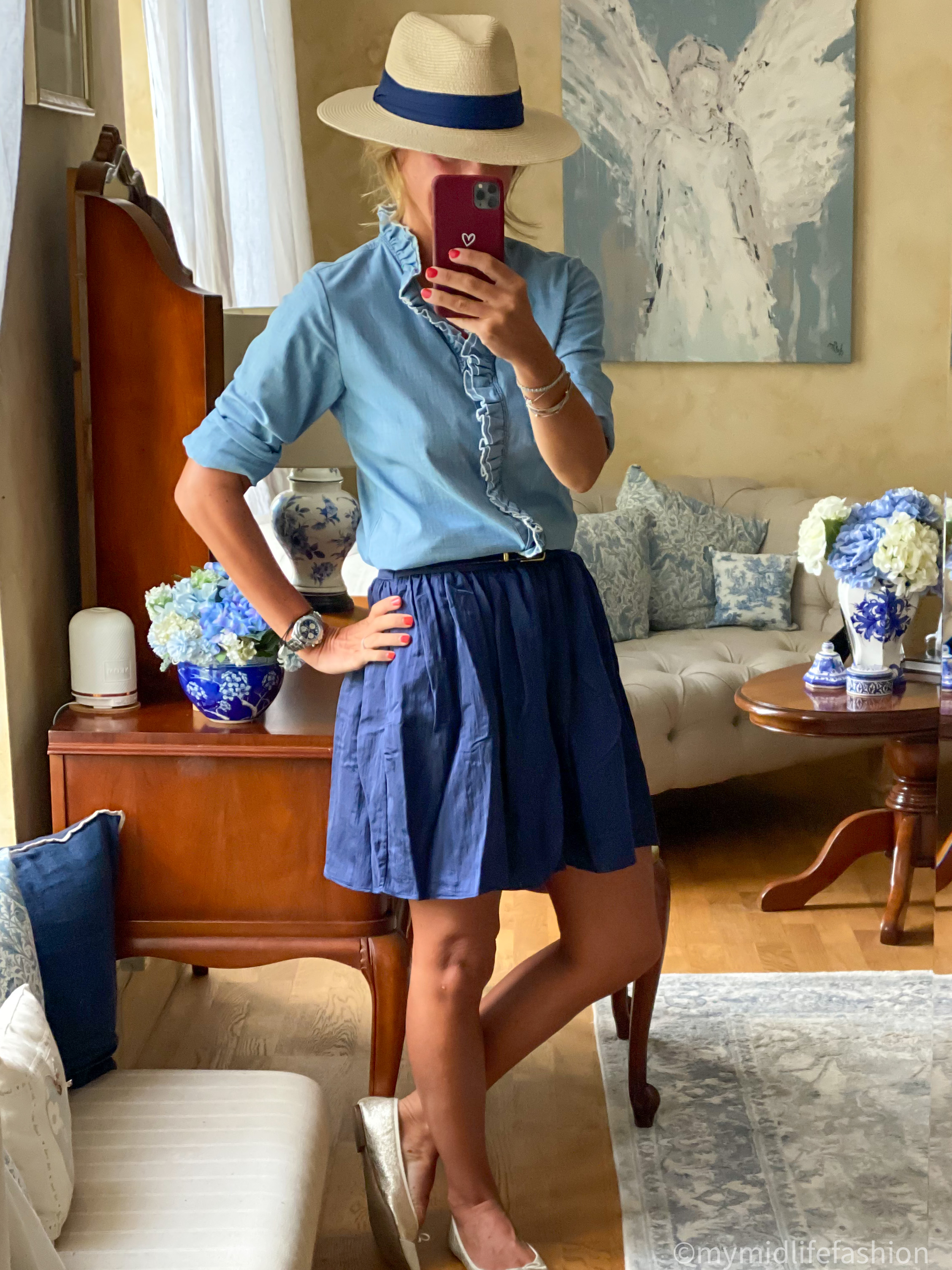 My midlife fashion, amazon Panama hat, Isabel marant etoile frill chambray shirt, j crew belt, Vanessa bruno skirt, j crew two tone pointed ballet flats