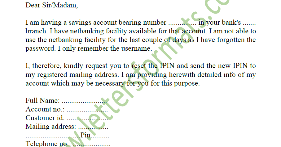 Letter To Bank For Net Banking New Password Reset Forgot