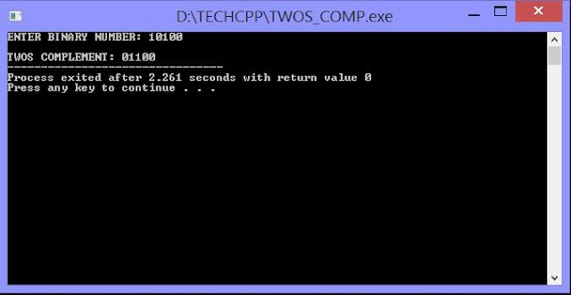 C++ Program to display twos complement of a given binary number with output