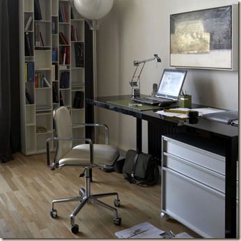 Cream office study MDF Italia black designer desk and storage shelving swivel chair laptop computer wood flooring floor lamp artwork  real home L etc 10/2007 Pub Orig