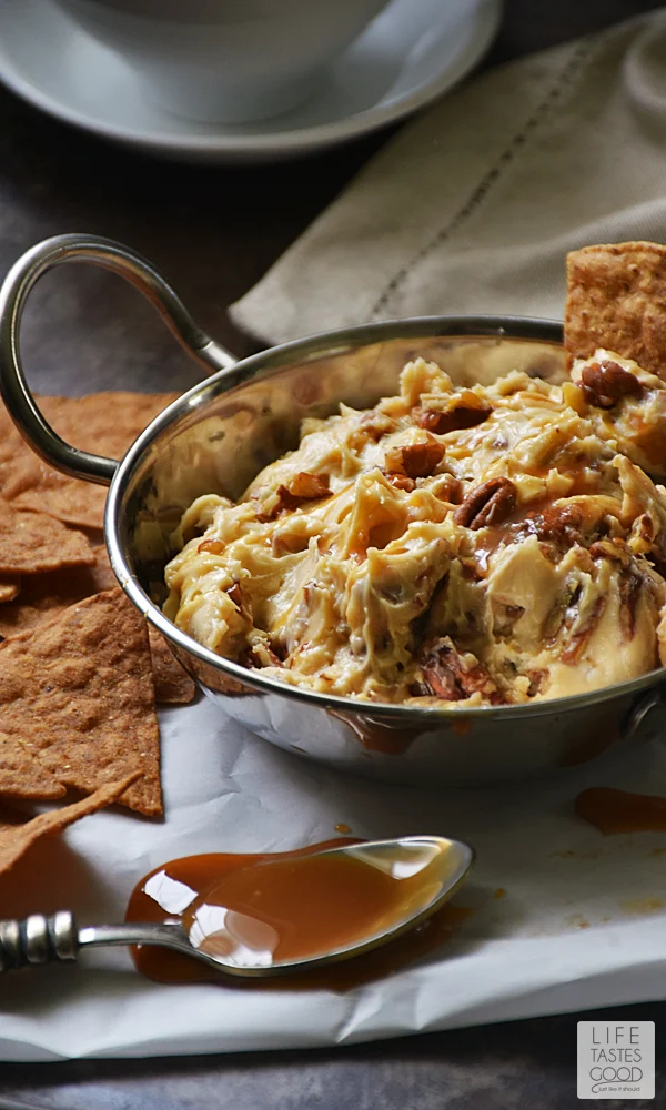 Butter Pecan Cream Cheese Dip | by Life Tastes Good with Harvest Pumpkin Tortilla Chips is like eating a creamy Pumpkin Pecan Pie, only better, because this sweet treat is super easy to make! #LTGrecipes #FoodShouldTasteGood