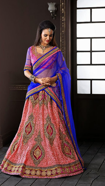  Peach & Blue Net Lehenga With Dupion Silk Choli & Zari Work