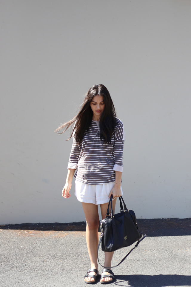 -End striped linen jersey from Bangkok, Birkenstock Arizona sandals ...