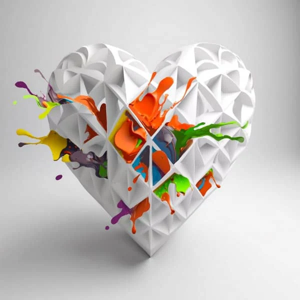 white 3D geometric heart with colorful paint splashing out from some of the heart's sections