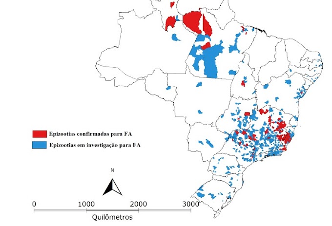 Mapa do MS mostra áreas de Alagoas com epizootias em ( PNH) em investigação para Febre Amarela