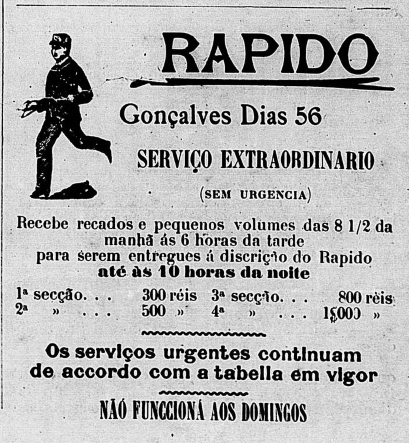 Anúncio veiculado em 1900 de serviços de recados e entregas