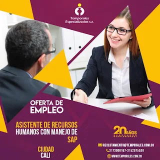 Empleo en Cali como ASISTENTE DE RECURSOS HUMANOS - SAP