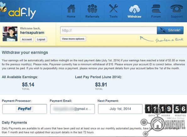 proses pay out earning adf.ly ke paypal