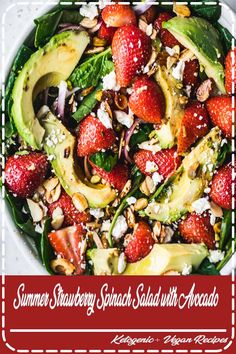 Gorgeous summer strawberry spinach salad topped with avocado, feta, red onion, toasted almonds, pistachios and drizzled with a flavorful strawberry balsamic vinaigrette. The best strawberry salad recipe! #summer #summerfood #partyfood #saladrecipe #vegetarian #strawberries #mealprep #healthylunch #glutenfreerecipes #grainfreerecipes