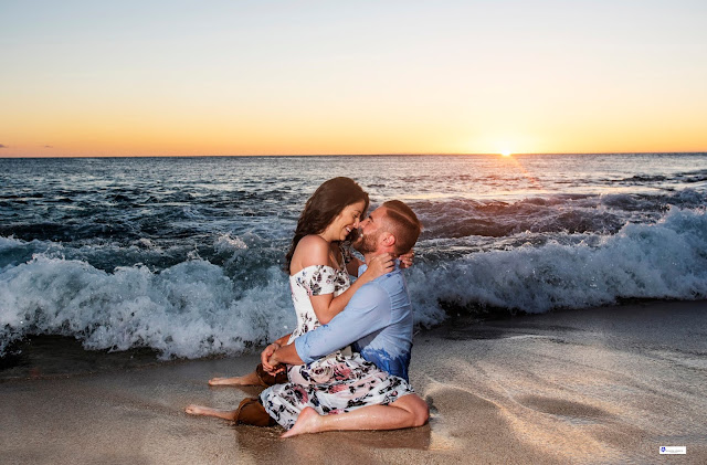 Sunset, beach engagement photography in Oahu, Hawaii.