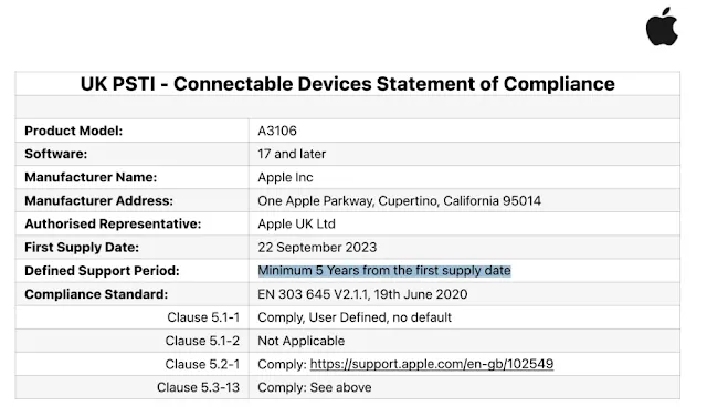 Document titled "UK PSTI - Connected Devices Statement of Compliance" showing Apple's commitment to provide at least 5 years of security updates for iPhone 15.