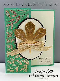 This card uses the Love of Leaves bundle by Stampin' Up!.  The designer paper is Gilded Autumn, and the leaf is cut from the Brushed Metallic Cardstock.  #StampinUp #StampTherapist