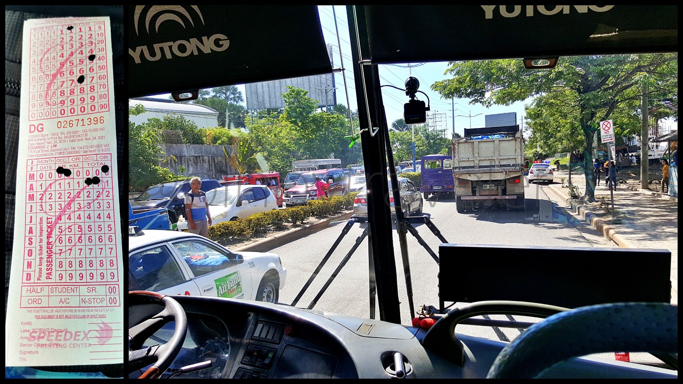 collage of ceres bus ticket and a scene in umapad mandaue during morning rush hour