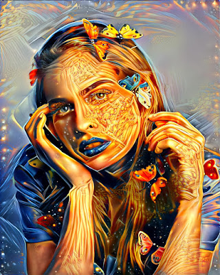 Bright dreamy woman with colorful butterflies