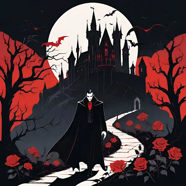conde drácula é um homem vampiro perverso. arte sombria com cores vibrantes e dramáticas, vampiro mau sangue, roseiras com espinhos, cenário gótico