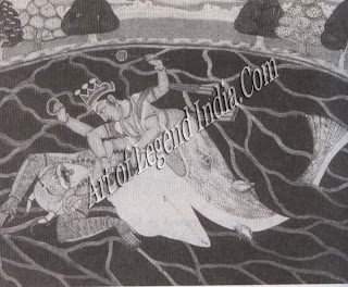 Matsya killing Damanaka, the demon who stole the Vedas and hid in a conch-shell