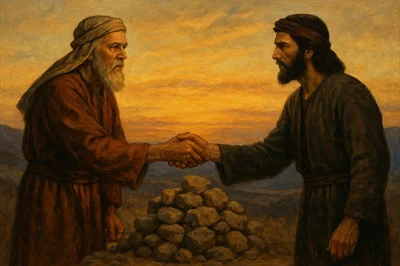 Jacob and Laban are shaking hands in front of a heap of stones, sealing a covenant under the evening sky. / 야곱과 라반이 해가 지는 언덕 위 돌무더기 앞에서 악수하며 언약을 맺고 있다.