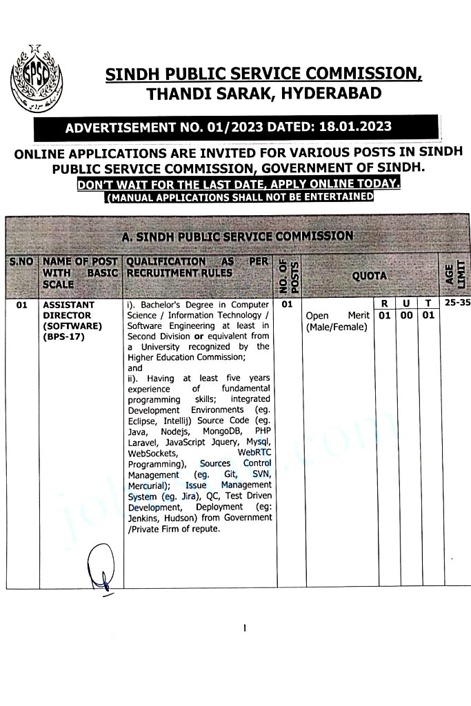 SPSC Jobs 2023 Advertisement 1 – Sindh Public Service Commission Jobs